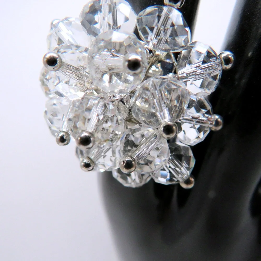 Vintage Style Clear Crystal Bead Cluster Cocktail Ring Silver Tone Size 6 Adj